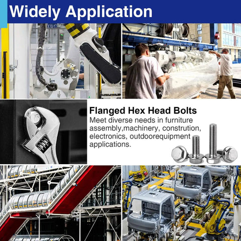 Heavy Duty M6 Stainless Steel Flange Bolt Assortment Kit 50 Piece Hex Head Fasteners for diverse applications in machinery.