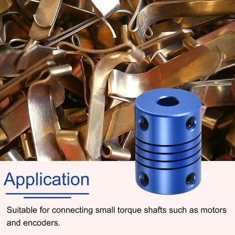 Two Pack 8 To 10 mm Aluminum Alloy Shaft Couplings Flexible With Screws Blue shown with mixed metal parts