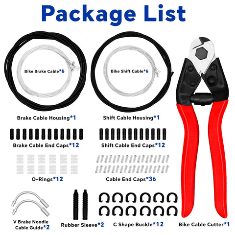 Alt Tag: 103 Piece Universal Bike Brake And Shift Cable Kit With Stainless Line Cutter Including Brake Cables, Shift Cables, Cable Housing, End Caps, O Rings, C Buckles And V Brake Cable Guide For Easy Do It Yourself Bike Maintenance kit components displayed with labels