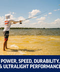 Angler casting with Nearshore Offshore Spinning Fishing Reel 8000 Size With HT100 Front Drag 25Lb Max Drag on sandy beach.
