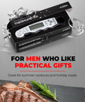 Instant Read Digital Meat Thermometer For Cooking And Grilling With 3 Second Speed IP67 Waterproof Large Backlit Display Magnetic Back For Easy Storage In Oven And Bbq in gift box on table with cooked meat.