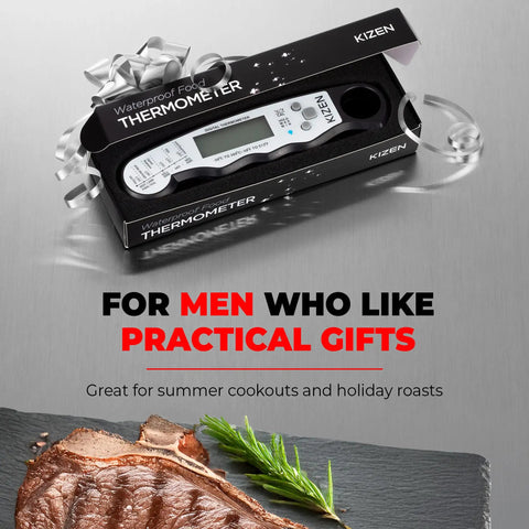 Instant Read Digital Meat Thermometer For Cooking And Grilling With 3 Second Speed IP67 Waterproof Large Backlit Display Magnetic Back For Easy Storage In Oven And Bbq in gift box on table with cooked meat.