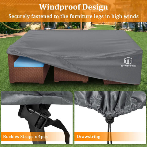 Beefy Heavy Duty Patio Furniture Cover Waterproof And Anti UV 500D Tear Resistant For 7 To 12 Seat Sectional Sofa And Table Sets 110 X 84 X 28 Inches Gray All Weather Ready covering outdoor sofas with straps and drawstring details