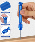 Hand using Blue Pin Vise Hand Drill Set with 74 micro twist drill bits and 20 PCB mini bits for resin polymer clay