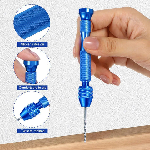 Hand using Blue Pin Vise Hand Drill Set with 74 micro twist drill bits and 20 PCB mini bits for resin polymer clay