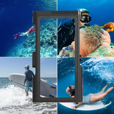 Collage of Third Gen Waterproof Diving Phone Case With Bluetooth 50 Feet Depth with ocean scenes, snorkeling, and paddleboarding.