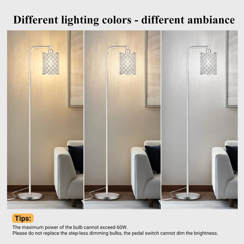 Industrial Floor Lamp For Living Room And Bedroom, Modern Standing Light With HD Glass Lampshade, 67 Inch Brushed Silver Pole