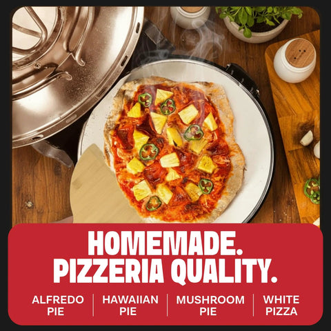 Pizza on 14 Inch Electric Indoor Pizza Oven With Stone For Crispy Crust Pizza Heats To 800F And Cooks In Under 6 Minutes