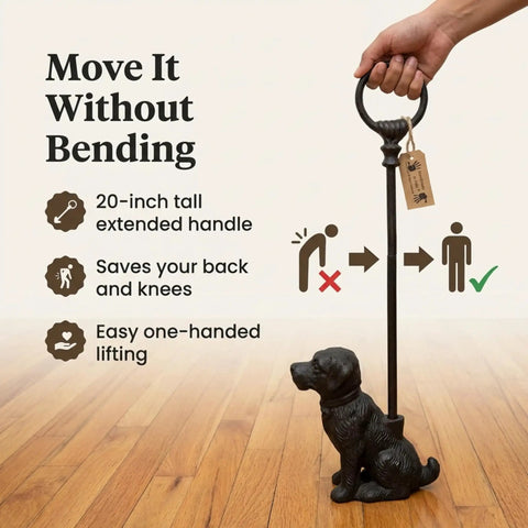 Sturdy Cast Iron Dog Door Stopper With Handle For Easy Moving, showing 20-inch handle for ergonomic use on wood floor.