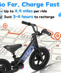 Kids Electric Balance Bike BK1 With 12 Inch Tires, 150W Peak Motor, lightweight frame on map showing ride range