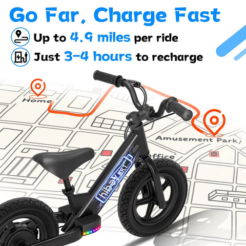 Kids Electric Balance Bike BK1 With 12 Inch Tires, 150W Peak Motor, lightweight frame on map showing ride range