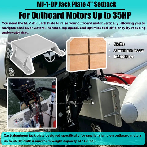 4 Inch Setback Jack Plate For Outboard Motors Up To 35HP With Wooden Mounting Block Included, Adjustable Distance Between Engine And Transom, A Beefy Ready To Go Upgrade For Skiffs, Aluminum Boats, And Inflatable Boats, Easy Clamp On Mount