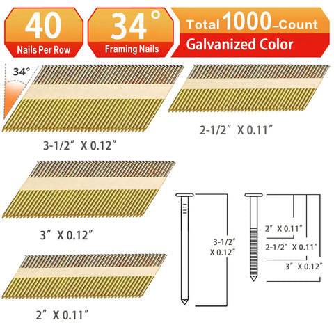 Pro Grade Smooth Shank Framing Nails Bulk Pack Features 2 Inch 2.5 Inch 3 Inch And 3.5 Inch Variants 1000-count galvanised nails with 34° angle.