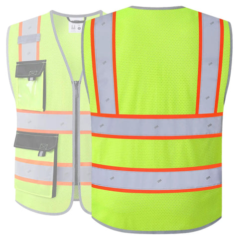 Top Tier High Visibility Reflective Safety Vest Featuring Featherweight Mesh Construction Plus Kickass Fluorescent Panels And Sturdy Reflective Tape To Keep Your Crew Safe On Busy Construction Sites, showing front and back views with pockets.