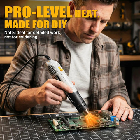 Person using powerful 380W heat gun hot air tool with dual temperature settings on electronic board, ideal for DIY crafts.