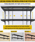 Two Pack Heavy Duty Wall Mounted Garage Shelves, Two Tier 1.3x3ft Units With 15.6x36 Inch Per Shelf, Adjustable Floating Storage, Black Finish, Total Four Panels, 520 Lb Capacity, Great For Garage, Workshop And Tool Organization on different walls