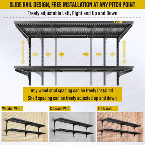 Two Pack Heavy Duty Wall Mounted Garage Shelves, Two Tier 1.3x3ft Units With 15.6x36 Inch Per Shelf, Adjustable Floating Storage, Black Finish, Total Four Panels, 520 Lb Capacity, Great For Garage, Workshop And Tool Organization on different walls