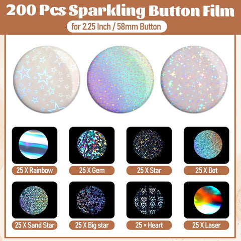 200 Pack 70mm Badge Protective Film In 8 Holographic Styles, Transparent Glitter Coating For 2.25 Inch Button Makers