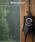 Outdoor Light Timer With Photocell Sensor Waterproof mounted on wood wall in rain, showing controls and two grounded outlets