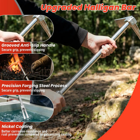 Person gripping 45 Grade Steel Halligan Bar 30 Inch Four In One Fire Rescue Tool with non-slip handle outdoors.