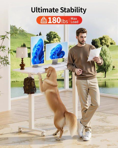 Electric Standing Desk With Adjustable Height And Memory Presets Heavy Duty Steel Base Roller Casters 48X24 Inches white with dog and person.