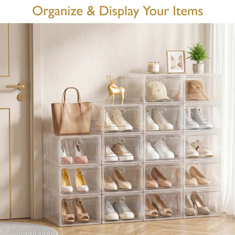 Game Changer Six Pack Clear Shoe Organizers With Snappy Magnetic Doors And Fully Stackable Build For Dead Simple Closet Tidy Up Under Bed Or Garage Storage, arranged in a stylish display.