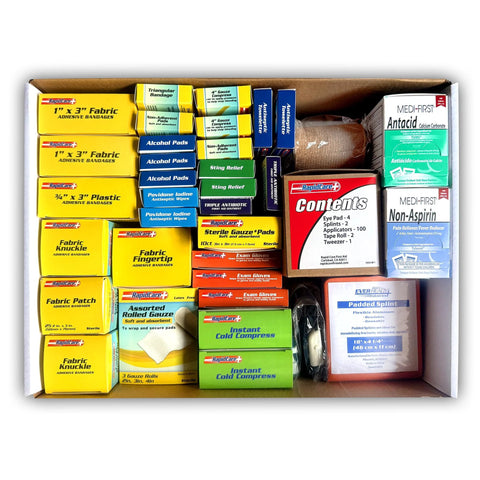 Rapid Care 1033-piece first aid refill kit contents, color-coded medical supplies in a box, front view