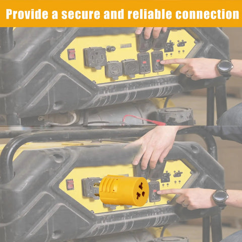 No Sweat Setup Nema L14 30P To 5 15 And 6 15 Generator Adapter Plug With 4 Prong Locking Male Connector connected to generator