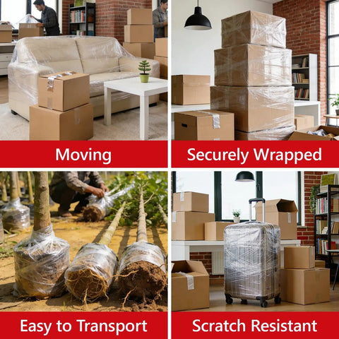 5 Inch X 492 Ft Stretch Roll Handle, Self Adhesive Shrink Film for Packing Moving Storage, securely wrapped boxes and furniture.