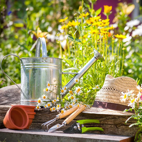 Watering can, straw hat, and gardening tools set on a garden bench with blooming flowers in the background.