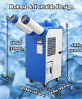 Shop Grade Industrial Air Conditioner And Portable Spot Cooler Equipped With Dual Venting Tubes For No Sweat Cooling Inside Factories Warehouses And Garages 220V 1800W Powerhouse, 50.4in height, blue design.