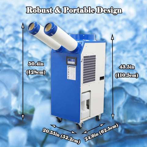 Shop Grade Industrial Air Conditioner And Portable Spot Cooler Equipped With Dual Venting Tubes For No Sweat Cooling Inside Factories Warehouses And Garages 220V 1800W Powerhouse, 50.4in height, blue design.