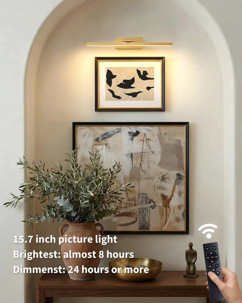 Gold Cordless Picture Lights Set Of Two Rechargeable Wall Mount Art Lamp Features Smooth Brightness Control And Brings Main Character Vibe To Your Space While Truly Hits Different On Frames, 15.7 inch dimmable picture light above artwork.