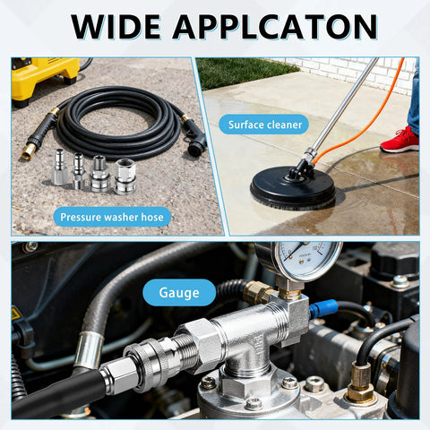 Senlinyu 3/8 stainless steel pressure washer quick-connect kit with hose and 4 adapters, surface cleaner and gauge.
