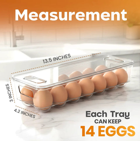 Clear 14 Slot Egg Container With Lid And Handle For Fridge Stackable Egg Tray Organizer For Kitchen Storage And Organization Crack Free Protection And Easy Visibility showing dimensions and holding 14 eggs.