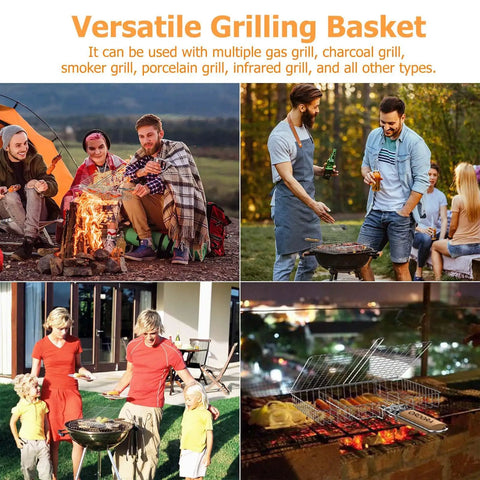 Group of people grilling outdoors with Deep Stainless Steel Grill Basket With 3 Section Dividers And Detachable Handle