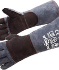 Heavy Duty Fireplace Gloves with Heat Resistant Leather Mitts with Solid Grip 16 Inch XL shown flat with safety certifications