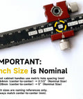 Upgraded Cabinet Hardware Jig Featuring Micro Adjustment Slider For Dead On Drawer Pull Template Alignment No Fuss Drill Bit Storage Slick Woodworking Calibration Tool with metric ruler and adjustment knob.