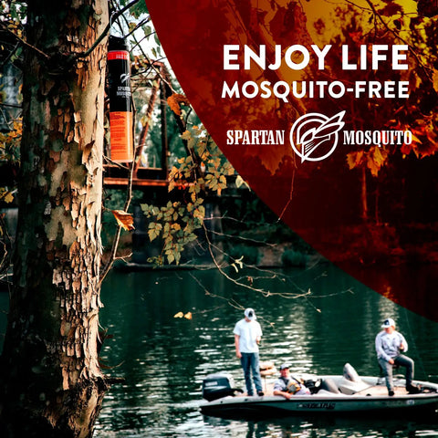 Mosquito Pro Tech 1 Acre Pack Four Tubes Outdoor Mosquito Repellent hanging on tree by lake