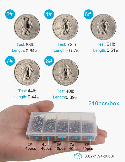 Hand holding box with 210 piece rolling bearing snap connector swivels set for saltwater and freshwater fishing, 5 sizes, 360 degree spin.