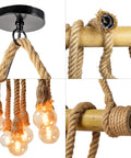 Six Heads Hemp Rope Pendant Light With Vintage Bamboo Chandeliers Fixture, close-up of rope and bamboo details