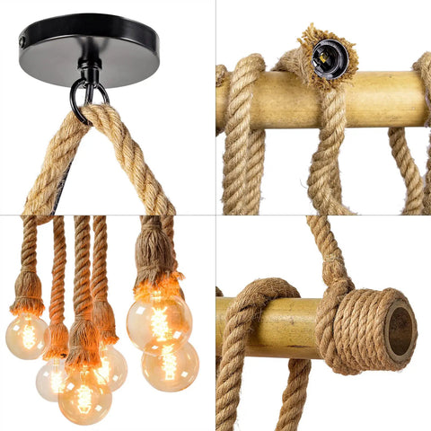 Six Heads Hemp Rope Pendant Light With Vintage Bamboo Chandeliers Fixture, close-up of rope and bamboo details
