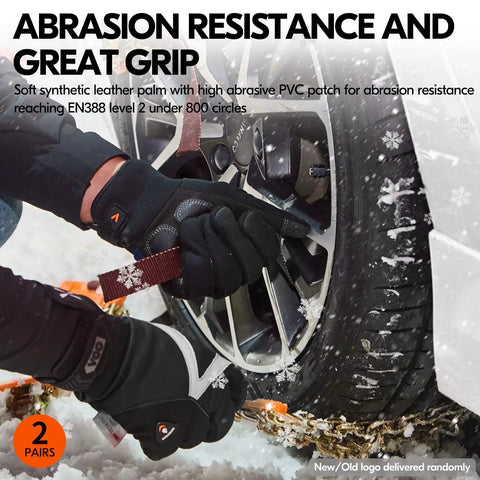 Person wearing 2 Pairs Winter Work Gloves With Thinsulate C100 Lined adjusting car tire in snow, high dexterity, synthetic leather, size L.