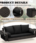 Close-up of black Three Person Outdoor Hanging Porch Swing Chair with Cushions and Adjustable Chain 76 Inch Wicker Bench Steel Frame.