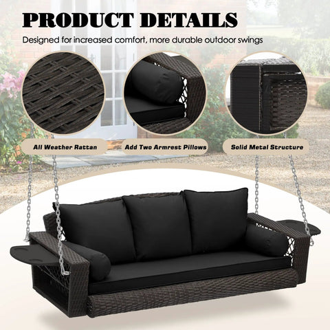 Close-up of black Three Person Outdoor Hanging Porch Swing Chair with Cushions and Adjustable Chain 76 Inch Wicker Bench Steel Frame.