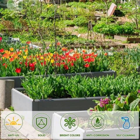 Raised garden beds with tulips and icons showing anti-UV, solid build, bright colors, anti-corrosion, self-cleaning features.