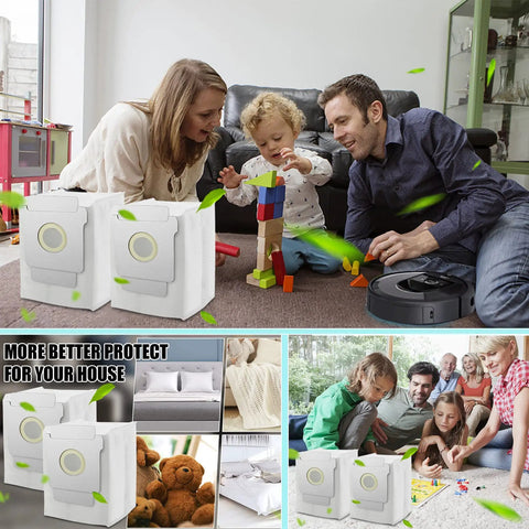 Family playing with blocks next to Roomba, showcasing 14 Pack Automatic Dirt Disposal Vacuum Bags For Roomba I Series S Series And J Series.