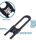 Black sliding cabinet lock showcasing locking mechanism, unlock buttons, and durable ABS material for D-shaped handles. Sliding Cabinet Locks For Kid Proofing Adjustable Child Safety Latches For Knobs And Handles 10 Pack No Adhesive Drilling Or Tools Black Great For Kitchens Bathrooms Cabinets And Wardrobes In Multi Room Homes.