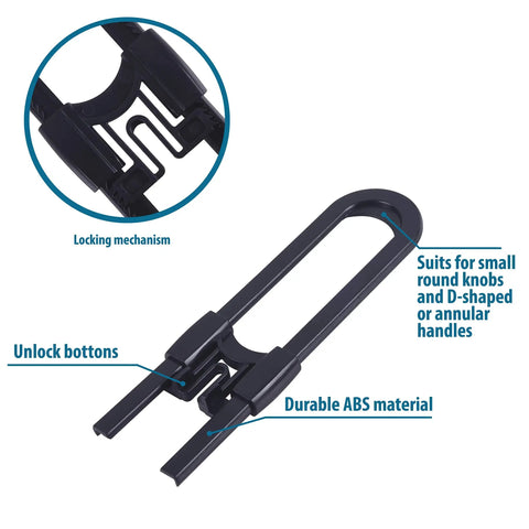 Black sliding cabinet lock showcasing locking mechanism, unlock buttons, and durable ABS material for D-shaped handles. Sliding Cabinet Locks For Kid Proofing Adjustable Child Safety Latches For Knobs And Handles 10 Pack No Adhesive Drilling Or Tools Black Great For Kitchens Bathrooms Cabinets And Wardrobes In Multi Room Homes.