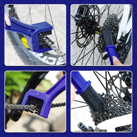 Four Piece Bike Chain Washer Cleaner Set With Four Color Brushes For Bikes And Motorcycles Crankset Scrub Tool shown in use